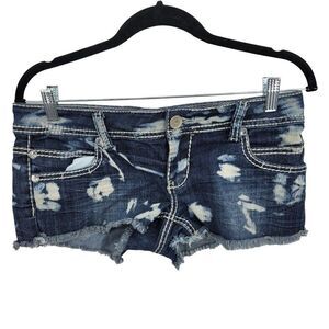 Almost Famous Daisy Duke Denim Shorts 7 Dark Wash Frayed Bleach Bling Rockabilly